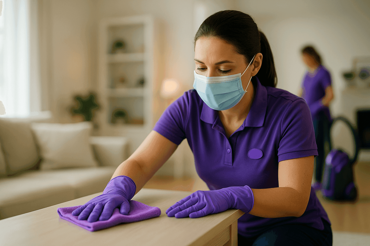 Professional maid in PPE cleaning a surface in a bright, modern living room
